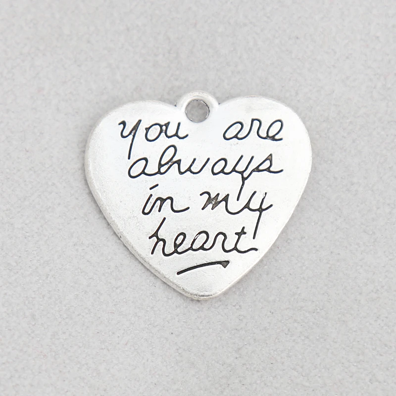 

RAINXTAR Trendy Heart Shape Alloy Charms You are always in my heart Message Charms For Lover 20*21mm 20pcs AAC1807