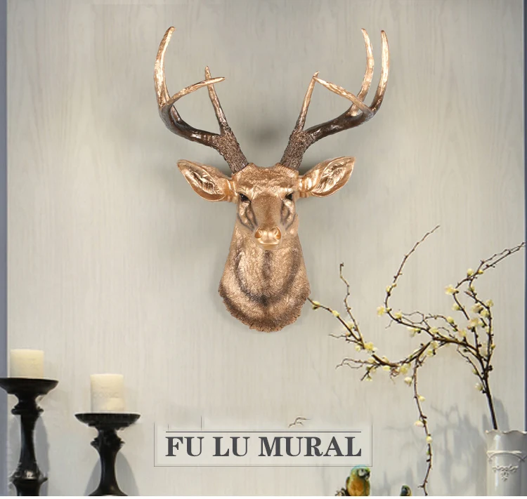 

Family statue wall decoration 57x40x30cm gold vintage antelope head sculpture room wall decoration resin deer head statue