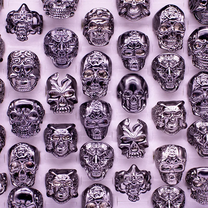 

12 Pieces Mix Big Skull Rings Jewelry Wholesale Fashion Silver Color Black Gun Plated Statement Punk Big Skeleton Rings Men