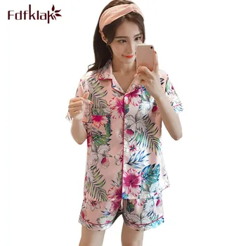 

Fdfklak Fashion print pajamas for women silk satin short sleeve girls sleepwear pijama set ladies home clothes pyjama femme