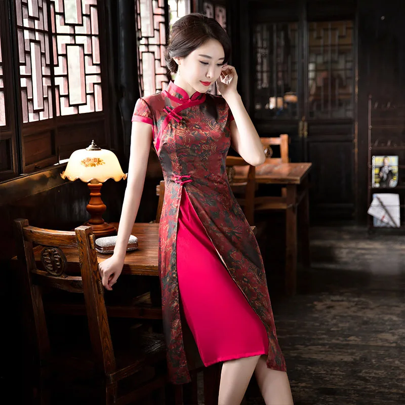 

Chinese Women Mandarin Collar Short Sleeve Qipao dress 2018 New Cheongsam Dresses Print Flower Size M L XL XXL XXXL