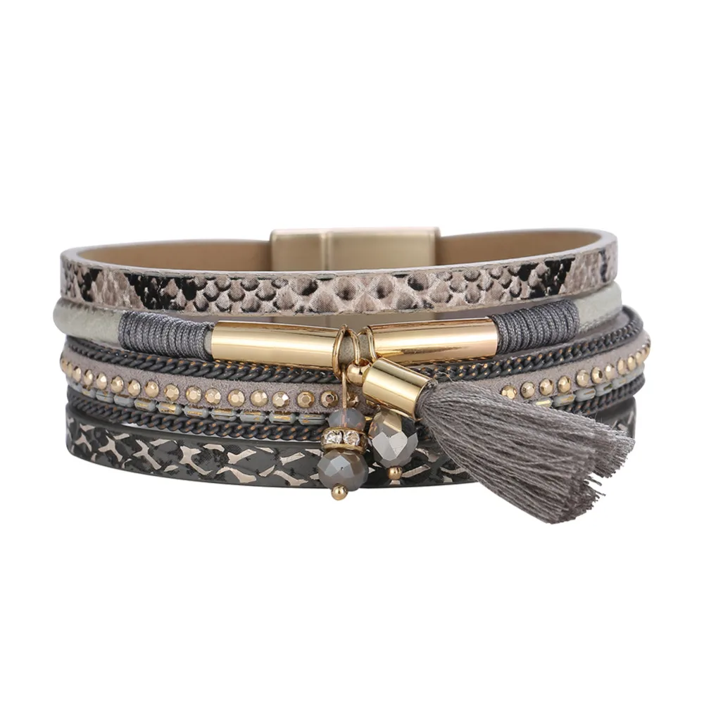 Europe Fashion crystal Multilayer Wrap Alloy PU Leather Bracelets & Bangles High quality Tassel Magnetic Buckle Pulseras gift