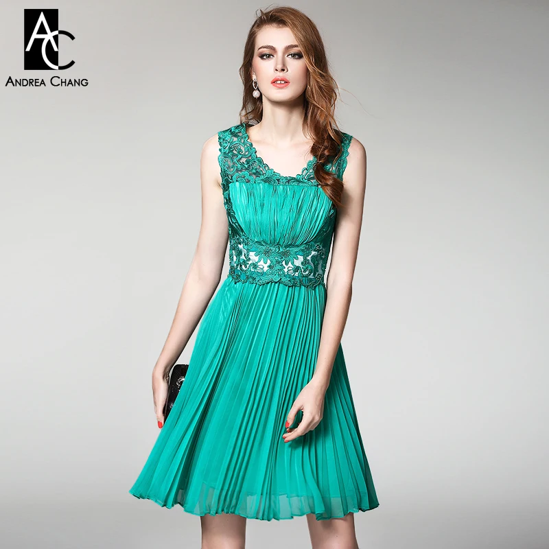 

spring summer runway designer womens dresses high quality event dress green blue red embroidery top pleated vintage brand dress