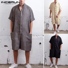 Incerun macacão masculino de verão, solto, de algodão, meia manga, com botões, vintage, casual, cor sólida, para homens