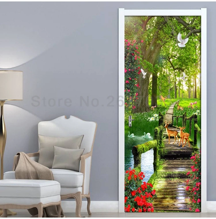 Green Forest Scenery PVC Waterproof Self-Adhesive Door Sticker Wallpaper For Living Room Bedroom Door Decals Mural Wall Sticker