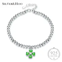 SILVERHOO для женщин высокое качество круглый бусины браслеты с зеленым цветок клевера ювелирные украшения подарок 925 пробы серебро