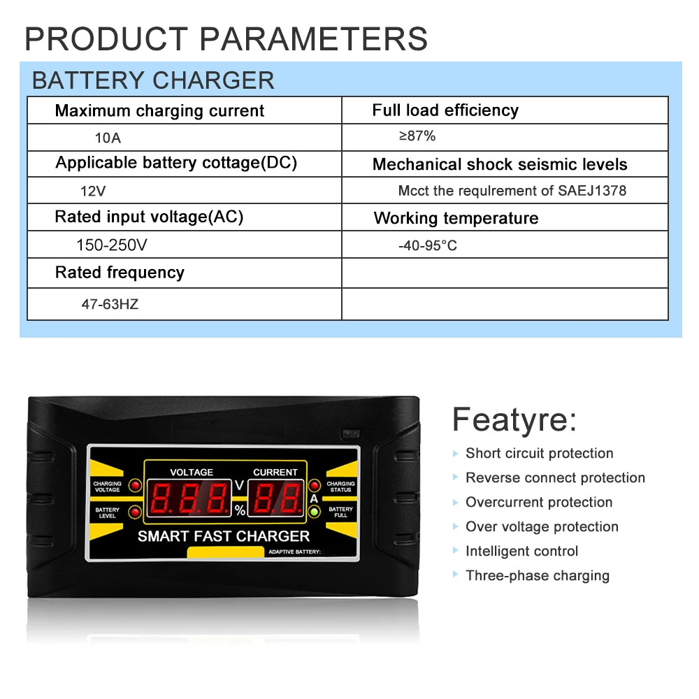 Полностью Автоматический Смарт 12 В в 10A свинцово-кислотная/гель батарея зарядное устройство ж/ЖК-дисплей ЕС Plug Smart Fast зарядное устройство