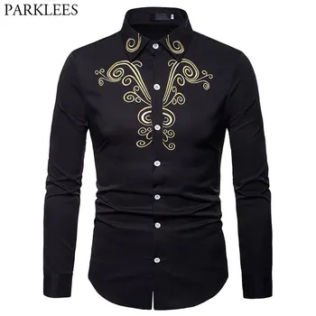 

Men's Gold Embroidery Dress Shirts 2018 Autumn New Luxury Palace Men Slim Long Sleeve Shirt Casual Button Down Camicia Uomo 2XL