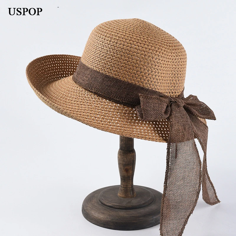 

USPOP 2019 Sun hats for women summer wide brim straw hats female all-matched ribbon bow beach hat