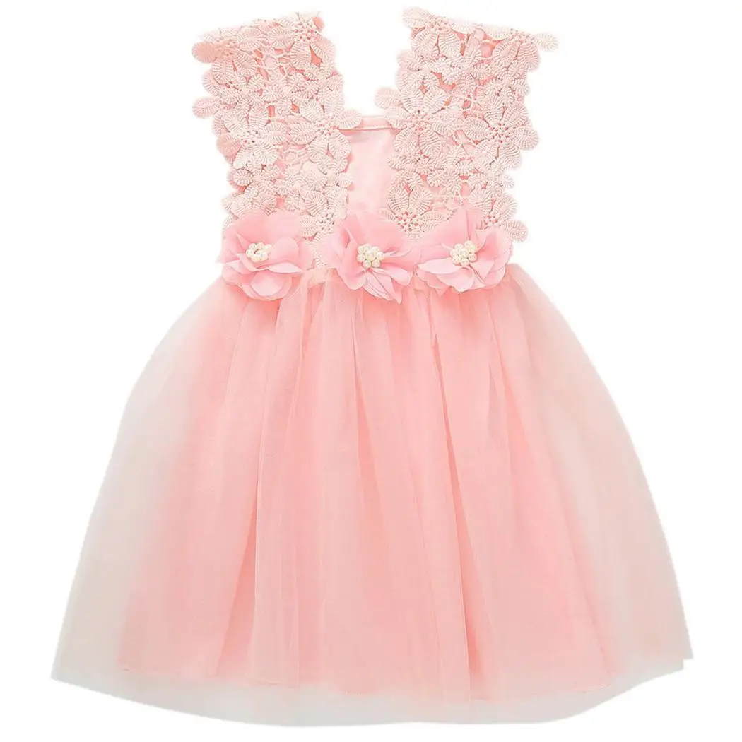 

Baby Girls Casual Cute U-Neck Sleeveless Mesh Patchwork Plastic Pearl, Summer Dress Children