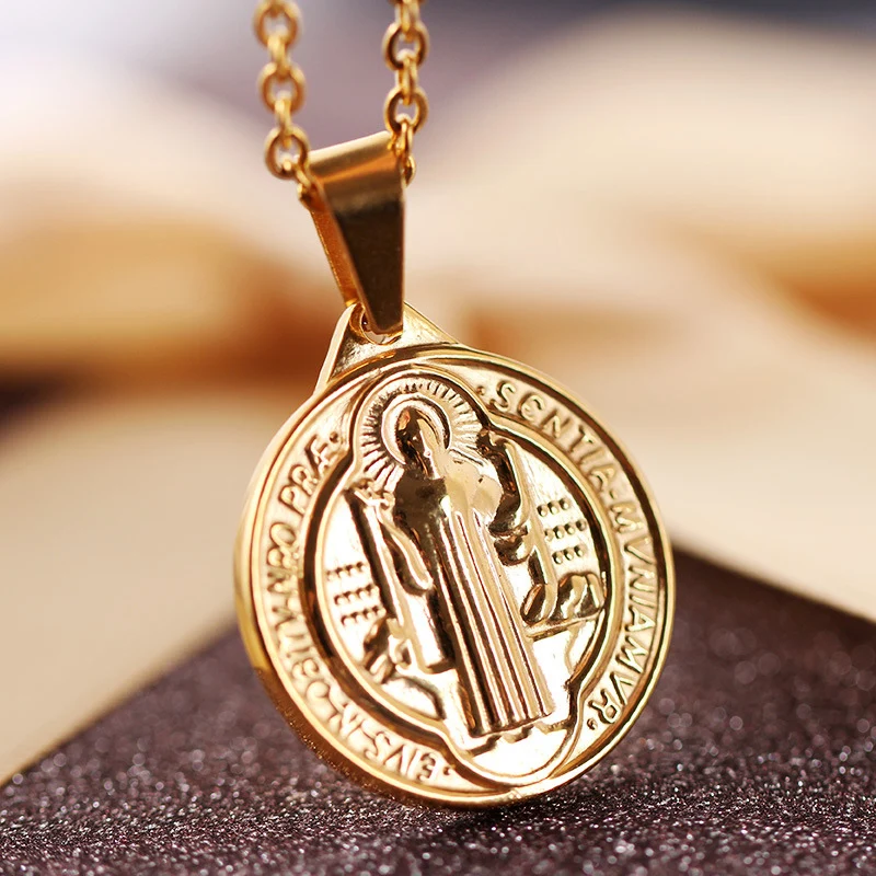 

Religious San Benito Medal Necklace Stainless Steel Vintage Medalla Saint Benedict Cross Necklace Pendants For Women Men Jewelry