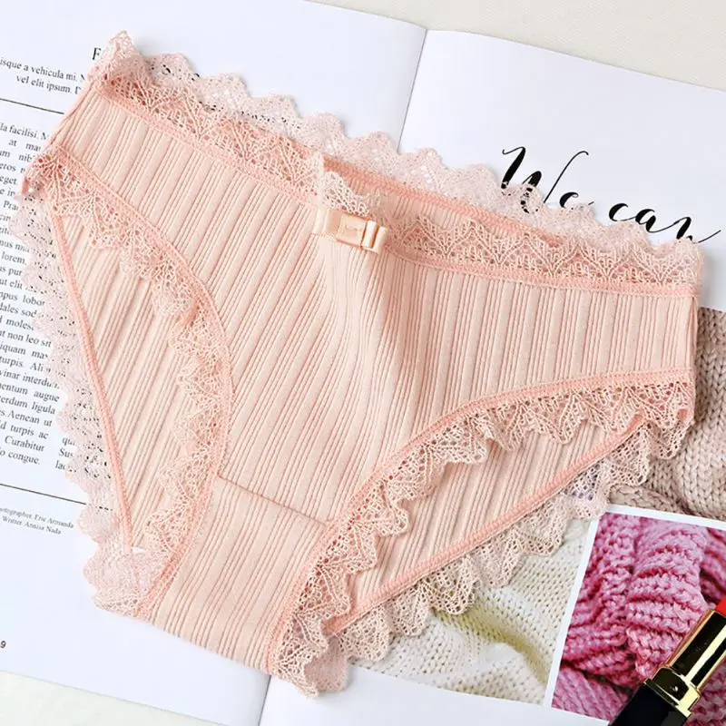 Women\'s Cotton Panties Female Solid Color Ribbed Breathable Briefs Sexy Lace Edge Underwear Plus Size New