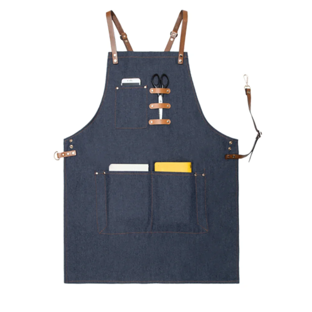 Ladies Men Leather Strap Denim Bib Apron BBQ Florist Baker Bartender Barista Chef Work Uniform