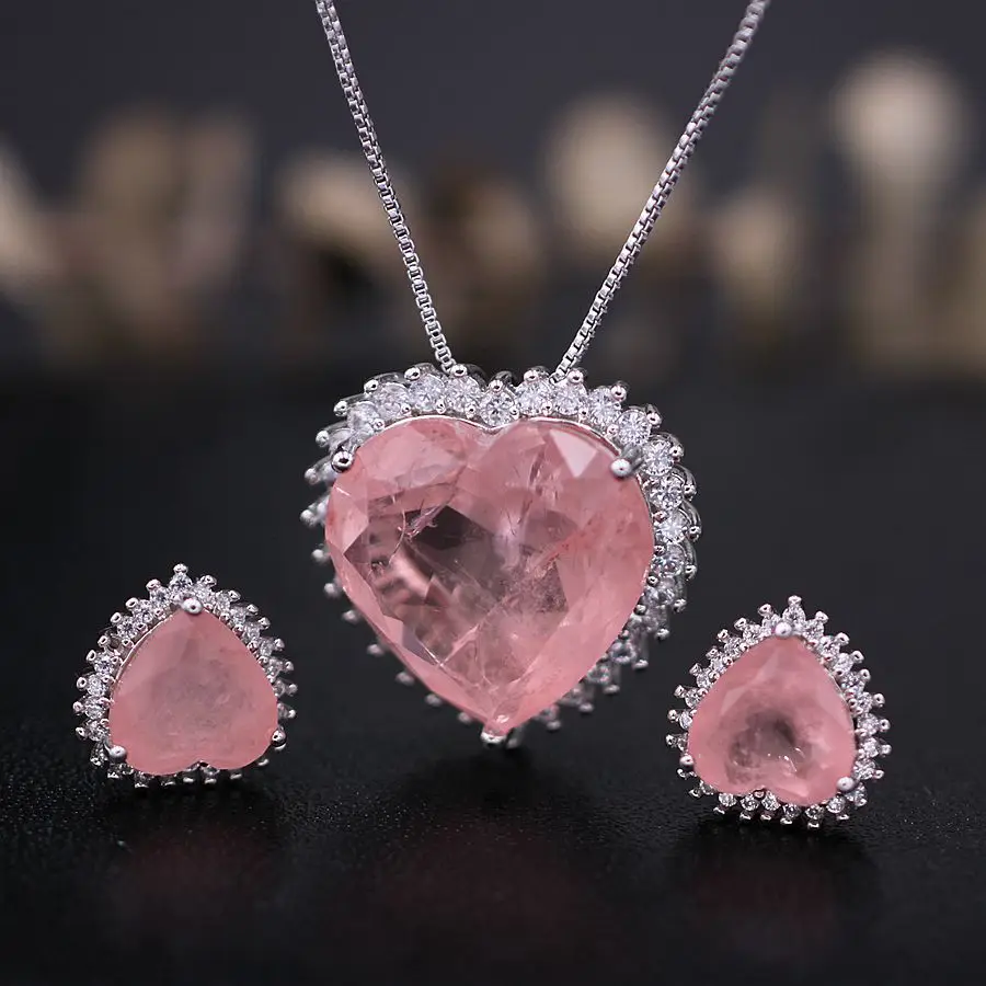 Fusion-stone-Heart-Shape-Stud-Earrings-And-Pendant-Necklaces-Women-s-Jewelry-Sets-Crystal-Zirconia-Natural