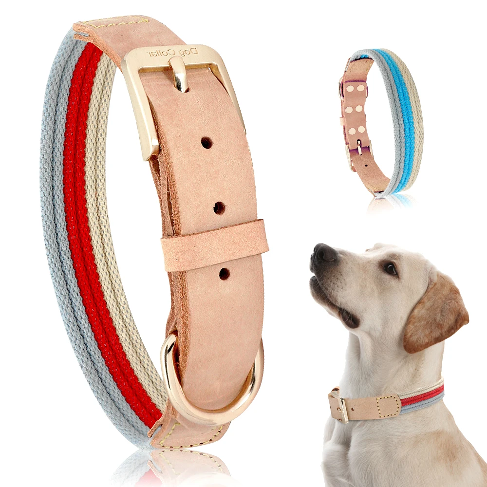 Dog Collar Genuine Leather Polyester bing Small Medium Large Dog