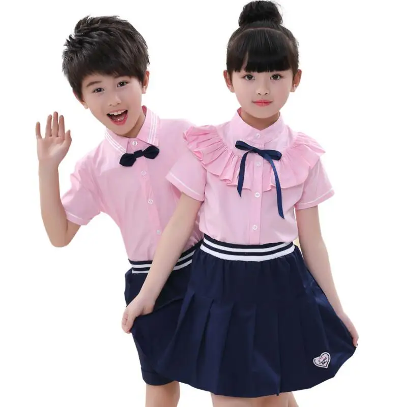 

2018 School Boys Girls Clothing Sets Kids Summer Clothes Set Short Sleeve Striped Bow Tie Shirts+Shorts Skirts 2 Pcs Suit JW3612