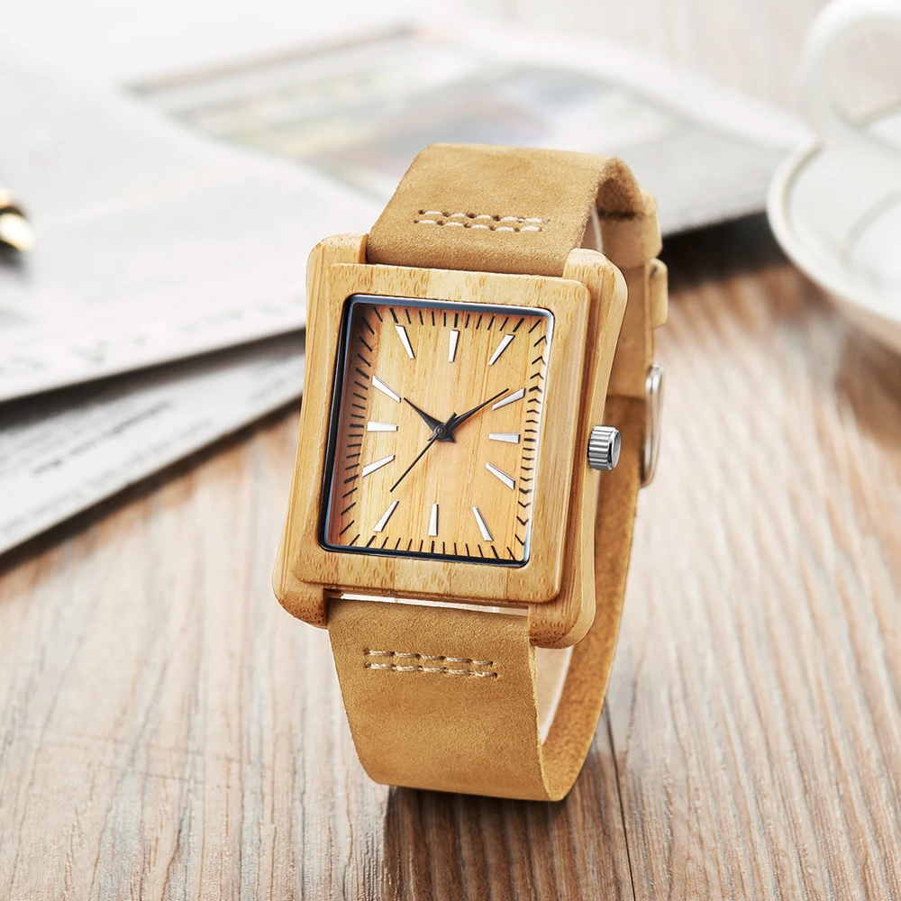 

Fashion Wooden Bamboo Mens Watches Square Style Simple Male Wristwatch Casual Brand Genuine Leather Quartz Watch Horloge Reliogo