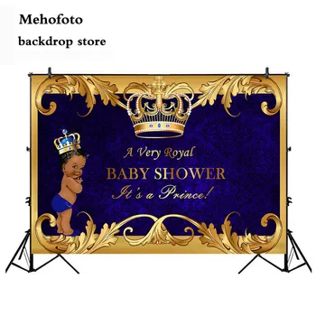 

Mehofoto Royal Prince Baby Shower Backdrop Black Boy Gold Crown Photography Background Little Prince Royal Blue Backdrops Party