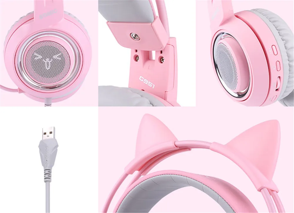 ouvido casque rosa meninas gato orelha usb