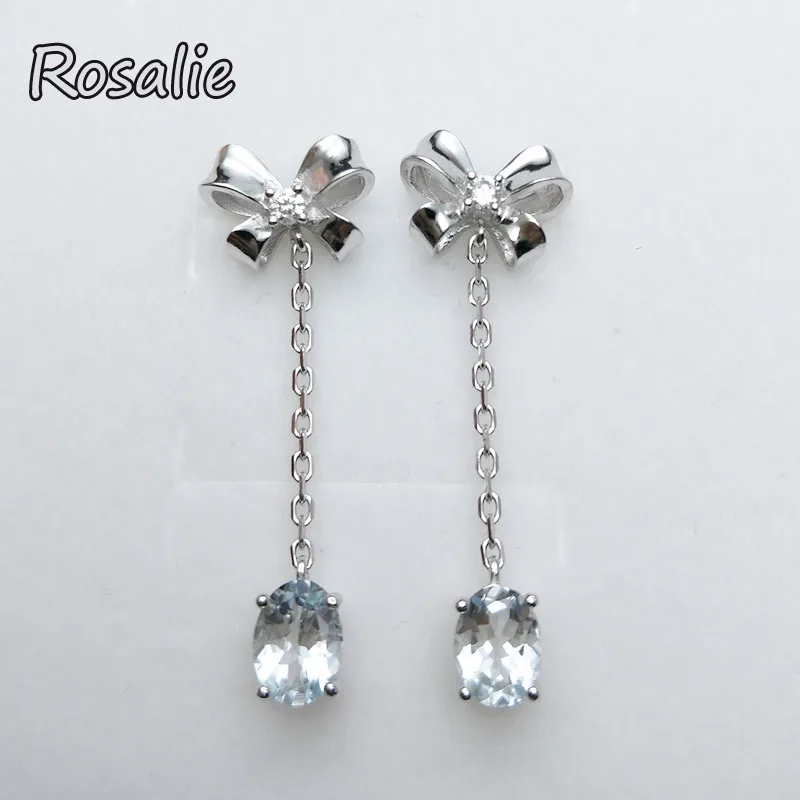 

Rosalie,Long cute earring 100% natural Brazil Aquamarine oval 5*7mm gemstone 925 sterling silver for girls gift birthday party