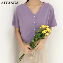 Women’s Shirt 2018 Cotton Linen Blouses For Women Summer Shirts Solid Purple V Neck Short Sleeve Casual Loose Tops AIYANGA