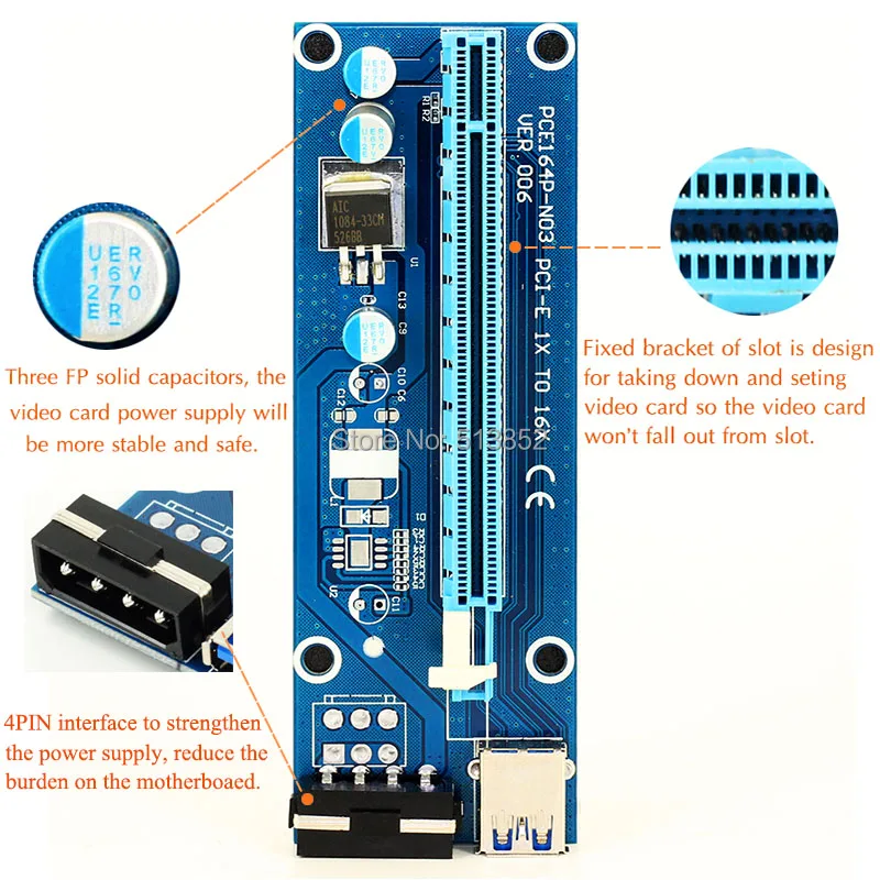 

006 PC PCIe PCI-E PCI Express Riser Card 1x to 16x USB 3.0 Data Cable SATA to 4Pin IDE Molex Power Supply for BTC Miner Machine