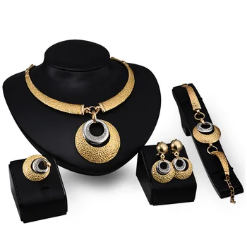 

African Costume Fine Jewelry Sets Gold Vintage Fashion Crystal Rhinestone Wedding Bridal Necklace Bangle Party Set