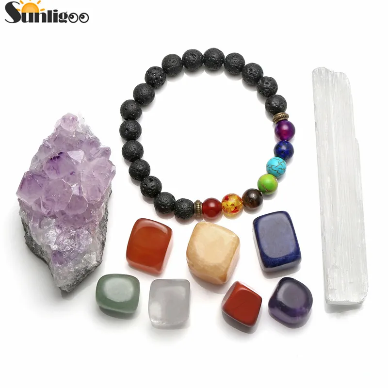 

Suligoo New 7 Tumbled Stones&Lava Bead Diffuser Chakra Bracelet w/Real Stone & Selenite Sticks&Amethyst Cluster Meditation Set