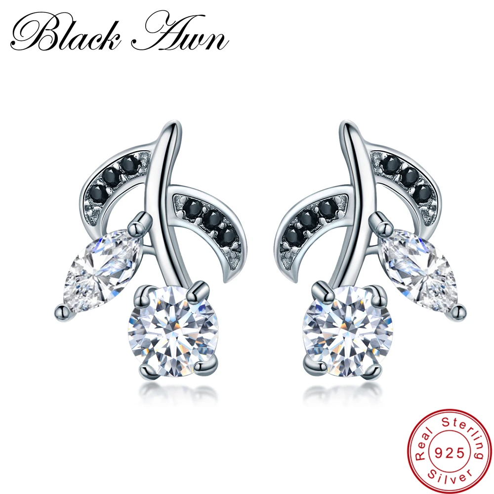 

[BLACK AWN] Classic 2.4g 925 Sterling Silver Fine Jewelry Trendy Flower Black Spinel Engagement Earrings for Women T080