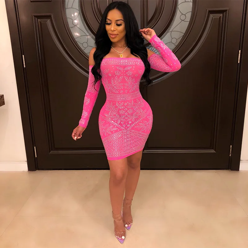 

Women's sexy word shoulder hot drilling party dress backless sexy tight dress pink black mini slim tube top summer dress 2019