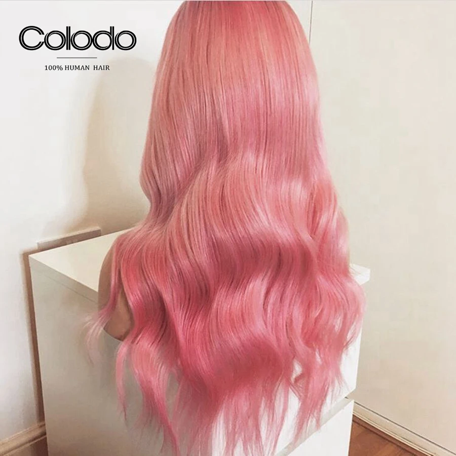 COLODO Wavy Lace Front Wig Brazilian Remy Hair Glueless Lace Frontal Pink Ombre Human Hair Wig Transparent Lace Wigs For Women