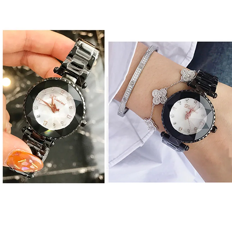 Женские кварцевые часы люксовый бренд Кристалл Шикарные женские наручные часы женские модные часы для женщин Relogio Feminino - Цвет: black white