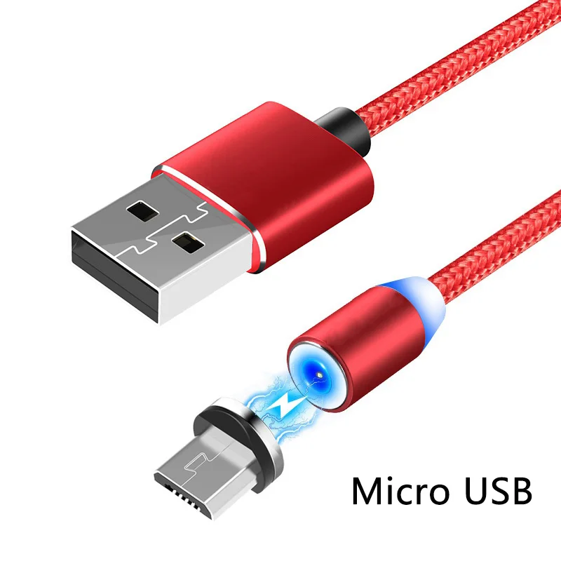 KISSCASE 1 м 2 м светодиодный магнитный кабель для iPhone X, кабель usb type-C для samsung, huawei, Xiaomi, Micro usb кабель для зарядки - Цвет: Red Micro usb