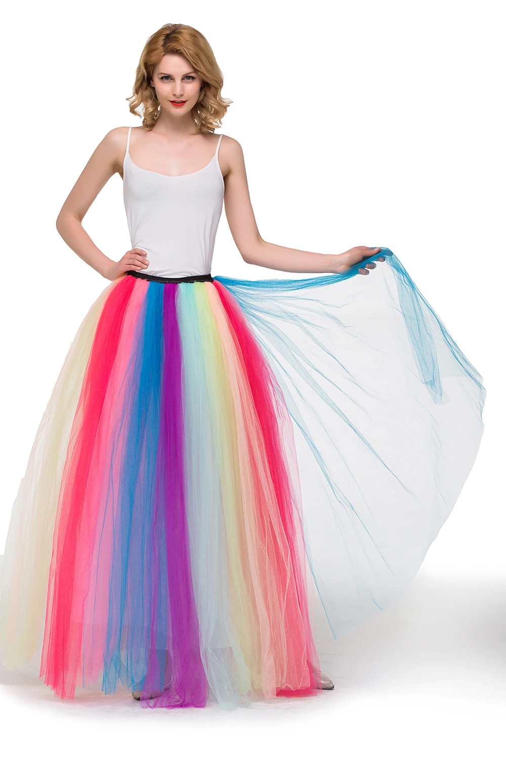 New Style Tulle Women Skirt Summer Rainbow Gradient Color High Waisted