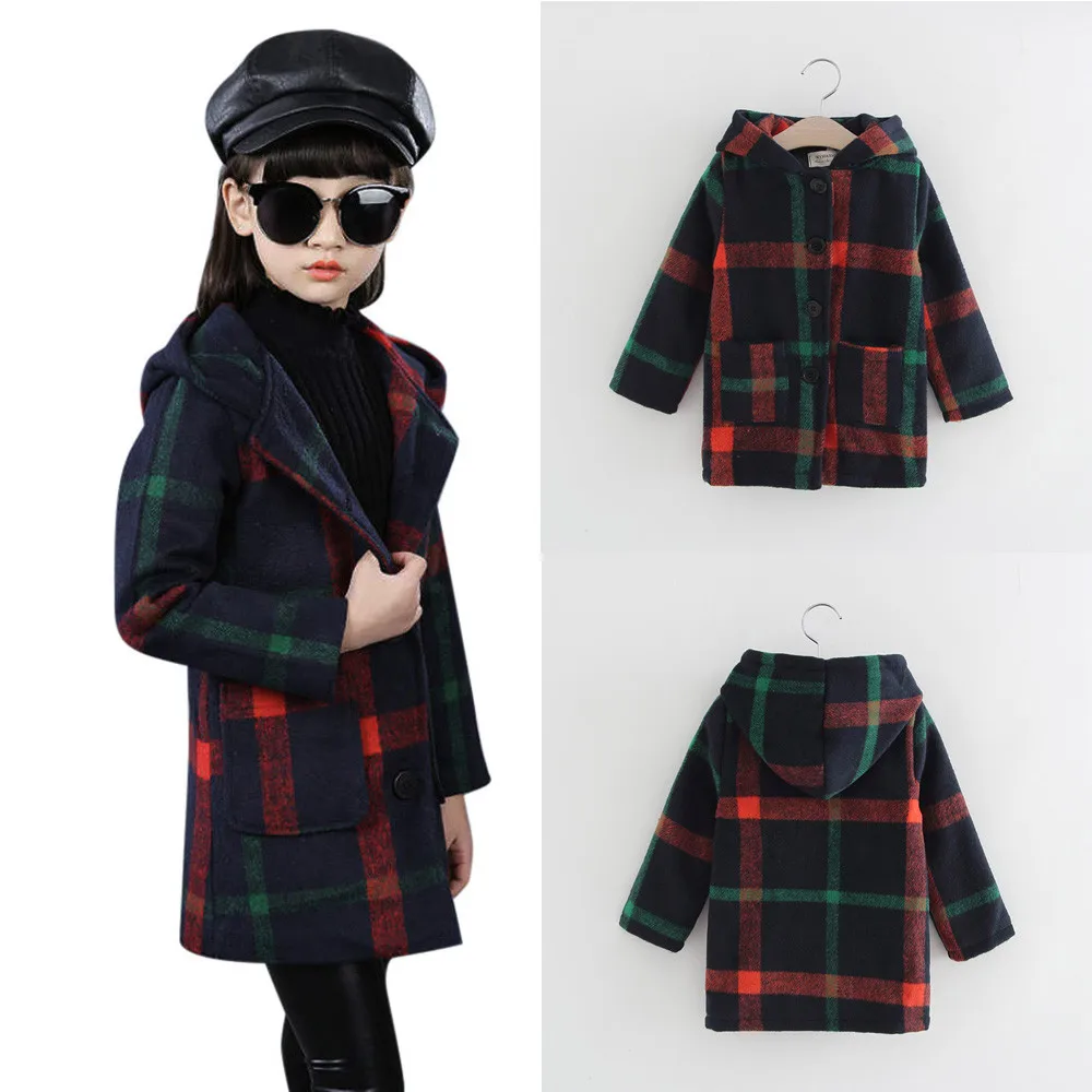 MUQGEW/ детская одежда для маленьких девочек; осенне-зимнее шерстяное пальто; клетчатая куртка с капюшоном; плотная теплая одежда; vestido infantil