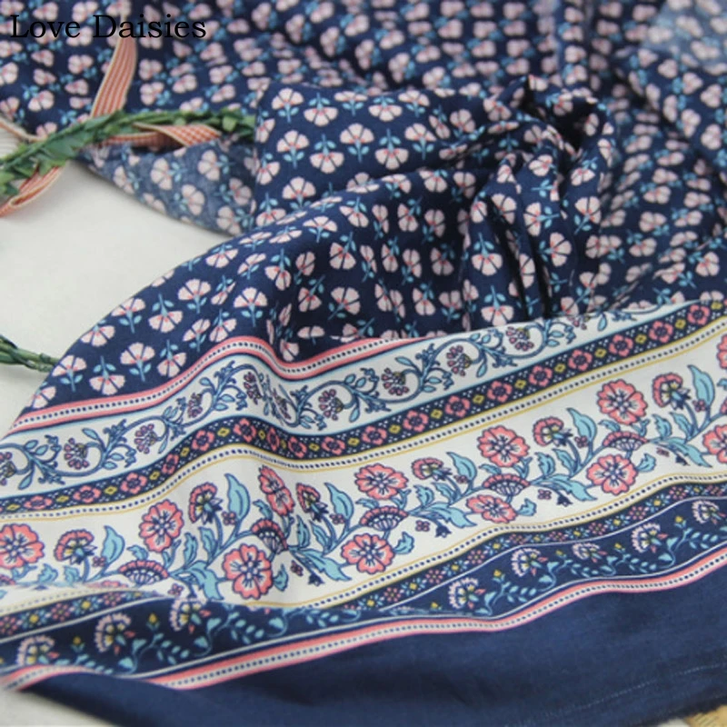 

rayon/cotton NAVY BLUE Positioning pattern pink small flowers fabrics thin soft delicate for summer girl apparel blouse dress