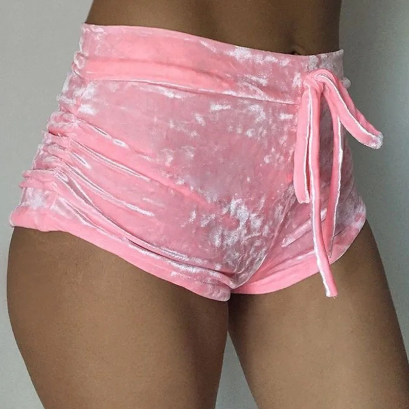 Женские сексуальные обтягивающие бархатный шнурок шорты с высокой талией Плюс Размер повседневные шорты Feminino фитнес Мягкие Шорты - Цвет: Pink