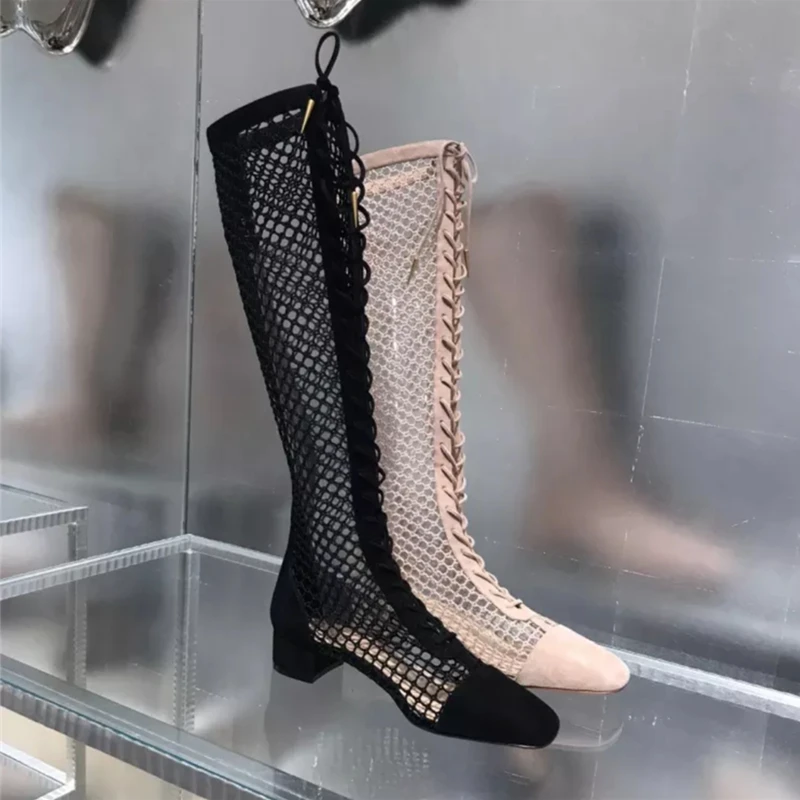 2019 New Women Summer Boots Air Mesh Hallow Out Back Zipper Front Lace Up Shoes Square Toe Knee-High Boot Hot Long Booties | Обувь