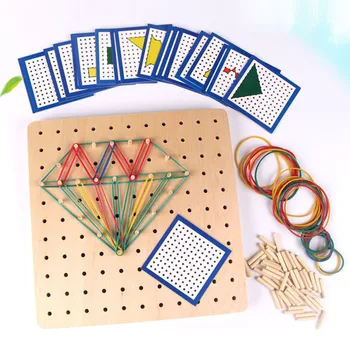 

Kids Montessori Creative Graphics Rubber Tie Nail Boards Plates with Geometry Cue Cards Geometric Shape Learning Cognition Toy