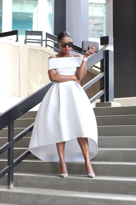 white off the shoulder high low dress