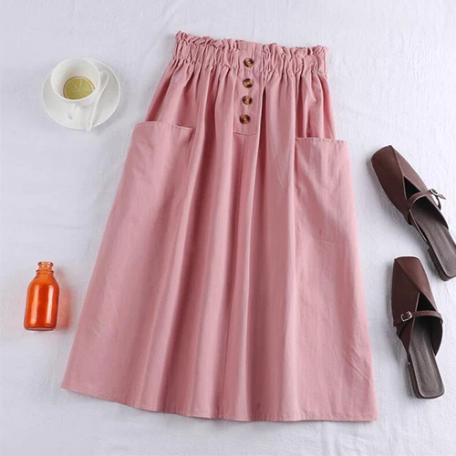 Женская хлопковая юбка миди с ремнем Surmiitro, трапециевидная офисная юбка с карманами пуговицах и высокой талией длиной до колен для женщин на весну лето осень - Цвет: Розовый