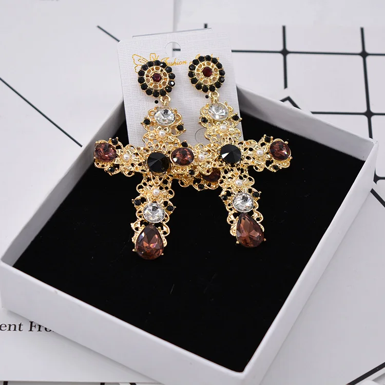 

New Fashion Baroque Style Large Big Cross Earrings Black/Red Crystal Exaggeration Jewelry Statement Earring 413