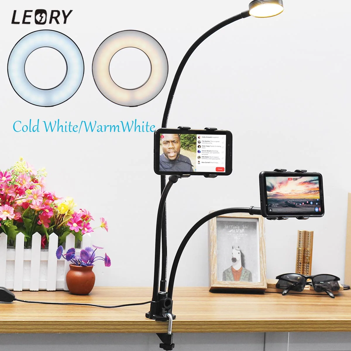 New 360 Adjustable Cell Phone Holder with Selfie Ring Light Clamp for Live Stream Clip Holder