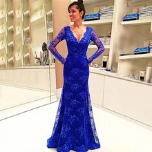 Ruijia Frauen Royal Blue Langes Kleid mit V-ausschnitt Volle Hülsen-nixe Abendkleider 2016 Robe de Soiree