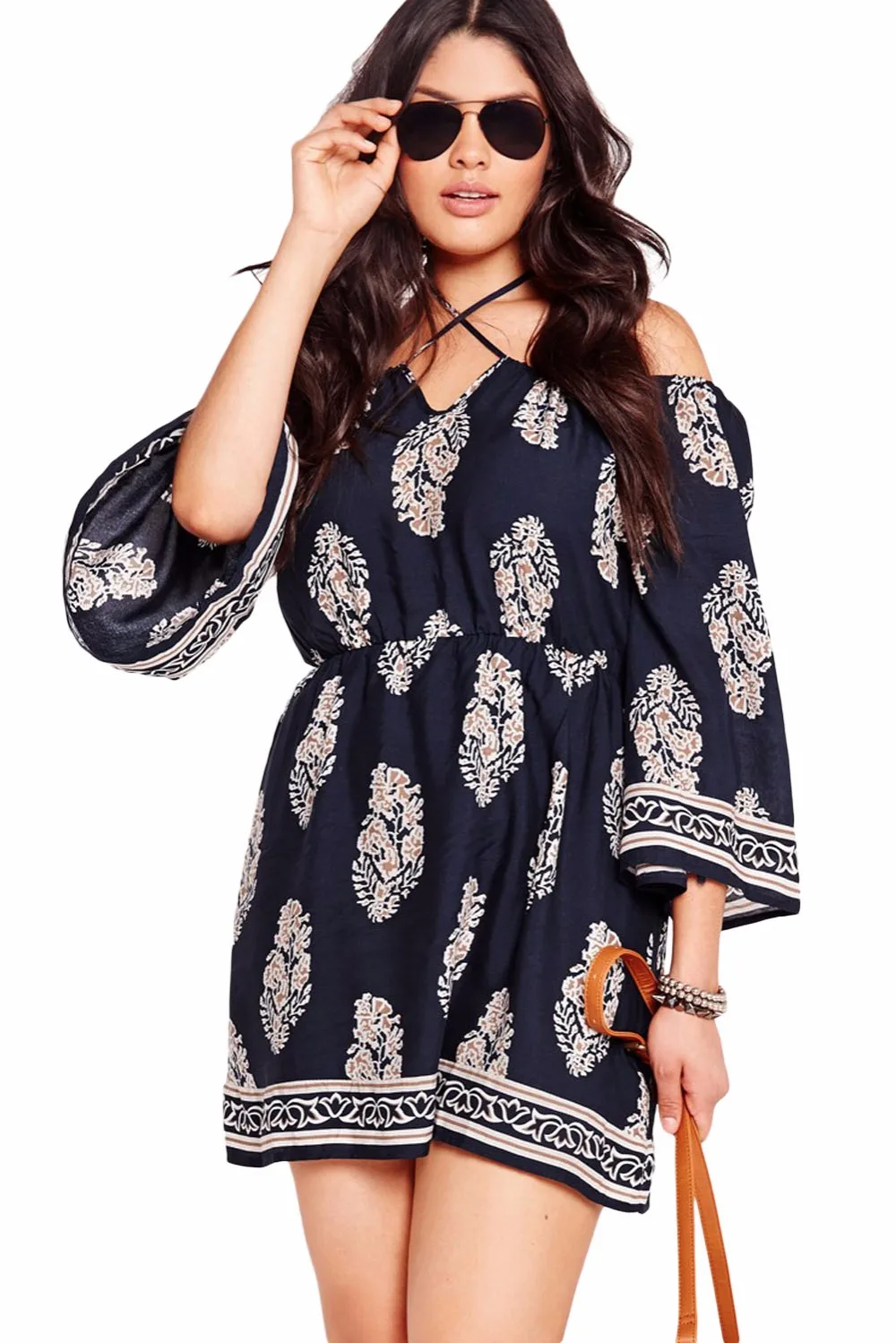2017 Automne Nouvelle Mode Vacances à la Plage Robes Femmes Plus La Taille À Manches Longues Imprimé floral Bardot Cou Off,épaul.