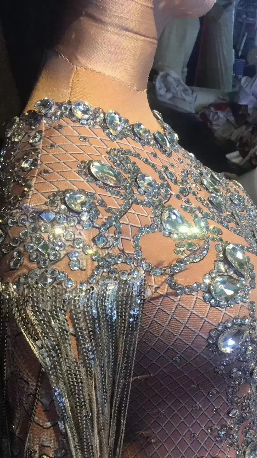 Модные новые серебряные стразы с кисточками с длинным рукавом обтягивающее платье леди певица вечернее представление Кристалл длинное платье сценический костюм