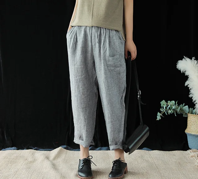 

Summer Pants Women Retro Elastic Waist Striped Casual Trousers New Female Loose pocket Vintage Trousers 2019 Trousers