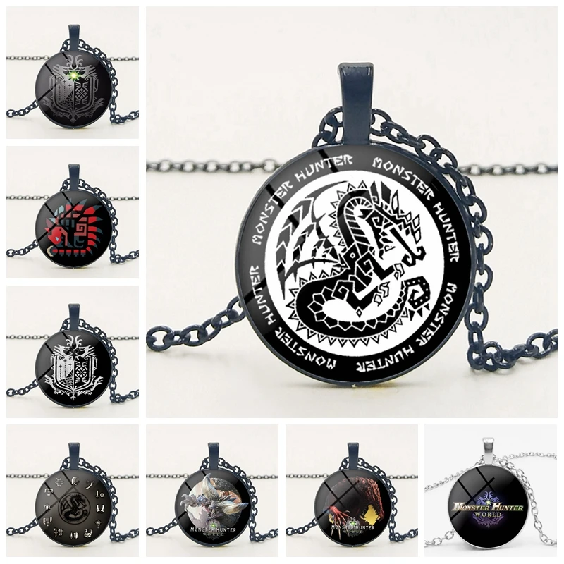 

2019 New Game Anime Surrounding Hunter Guild Logo Glass Convex Round Time Pendant Men and Women 3 Color Necklace