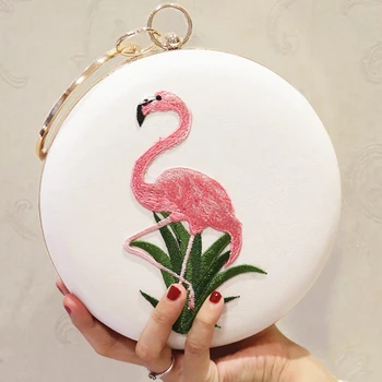 

Pink Bird Female Embroidered Clutch Bags Ladies White Circular Round Evening Bag Party Evening Dress Bags PU Leather Chain Bag