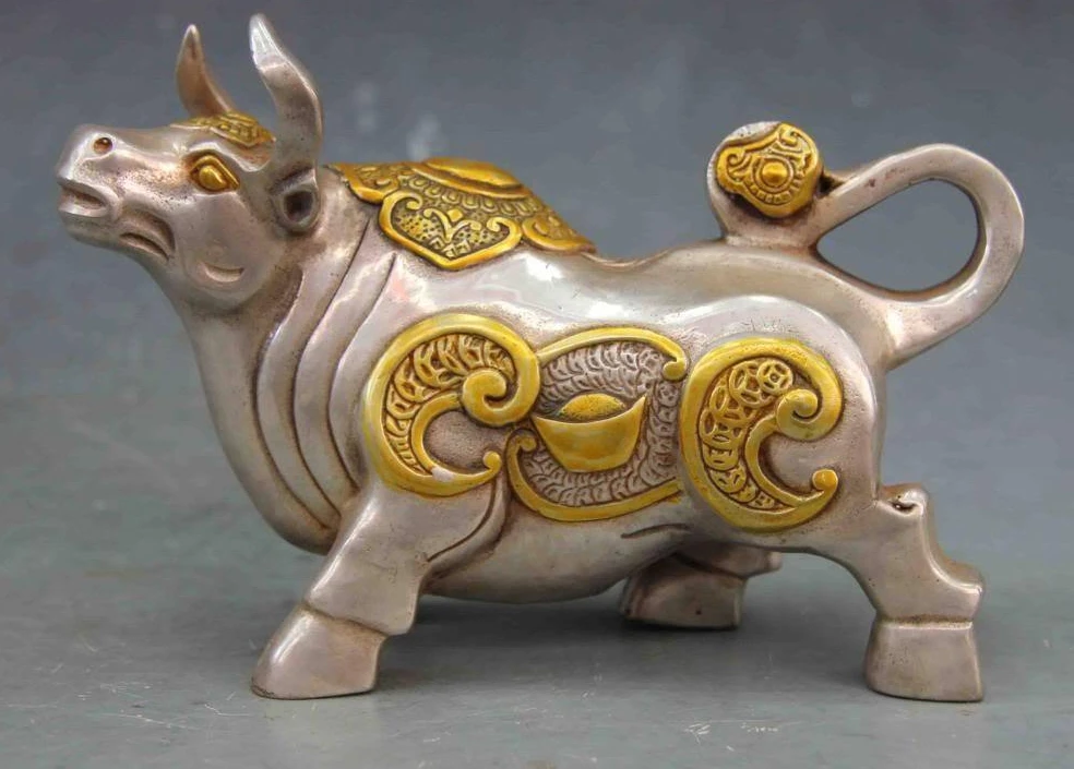 

4 Chinese White Copper Silver Fengshui Lucky Wealth RuYi YuanBao Cattle Wild ox